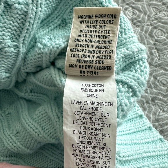 L.L. Bean Cable Knit Cotton Cardigan Sweater Light Aqua Blue Mint Size L - Picture 8 of 10